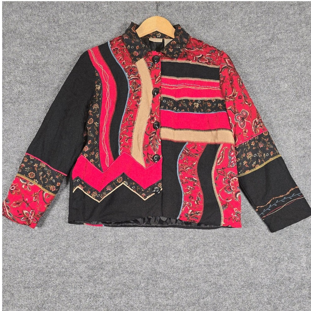 VTG KORET Petites Patchwork Floral Blazer Jacket Women's Size S Black Red‎